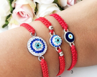 Red string bracelet, evil eye bracelet, zirconia bracelet, blue evil eye beads, red cord bracelet, nazar boncuk jewelry, evil eye jewelry