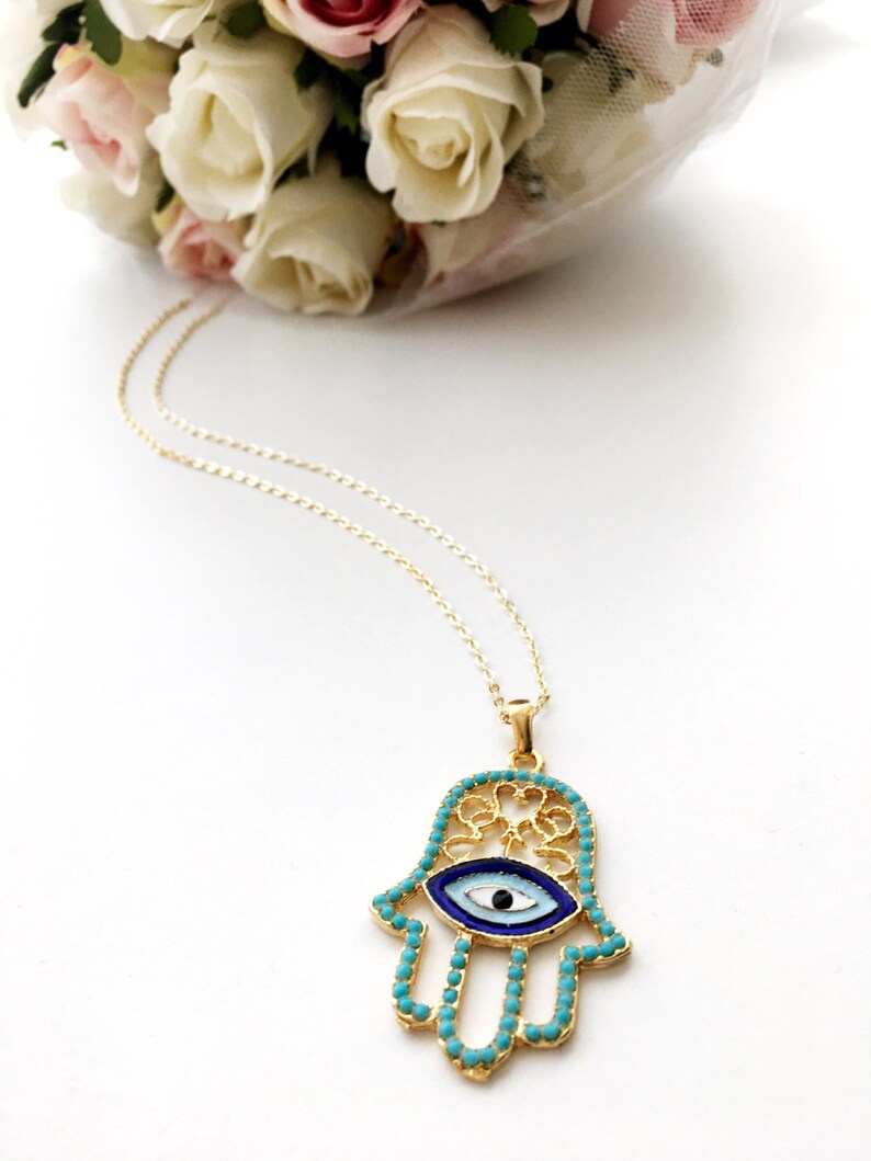 turquoise bead hamsa necklace evil eye necklace evil eye jewelry gold plated necklace hamsa hand necklace Hamsa Evil eye necklace