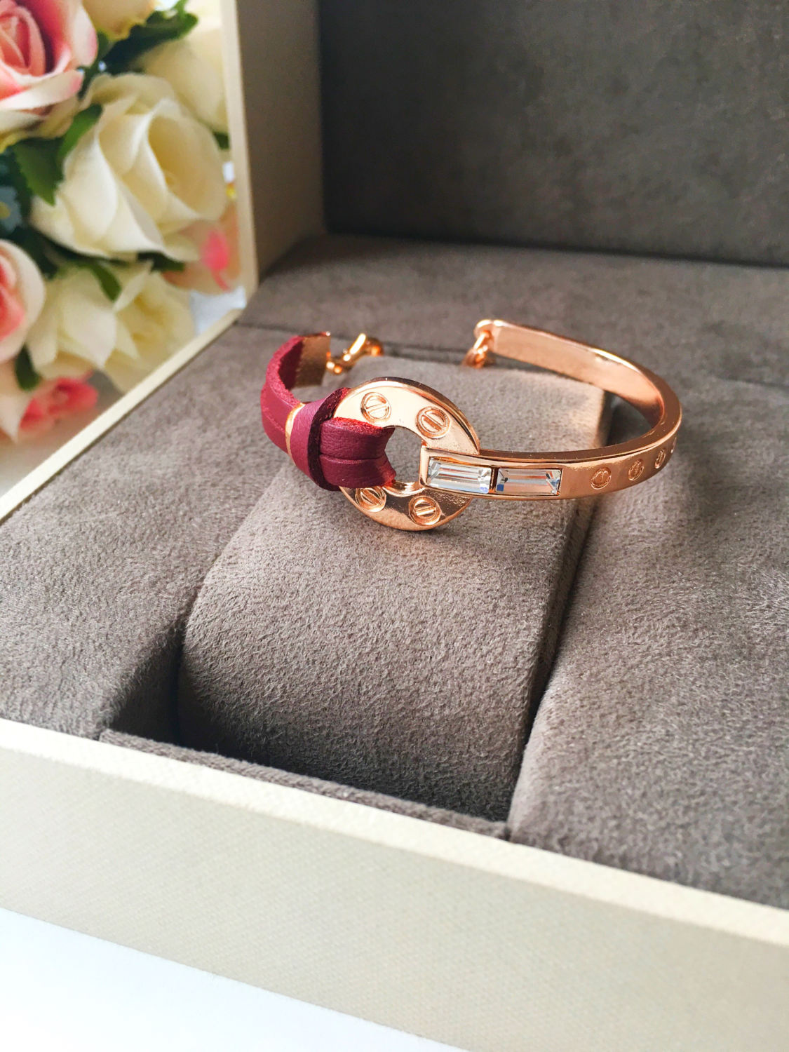 Rose Gold Leather Bracelet Red Grey Leather Cord Bracelet Etsy