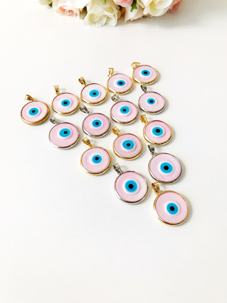 Evil eye bead, pink evil eye bead, murano bead, glass evil eye bead, pink evil eye pendant, gold silver charm, evil eye necklace charm image 4