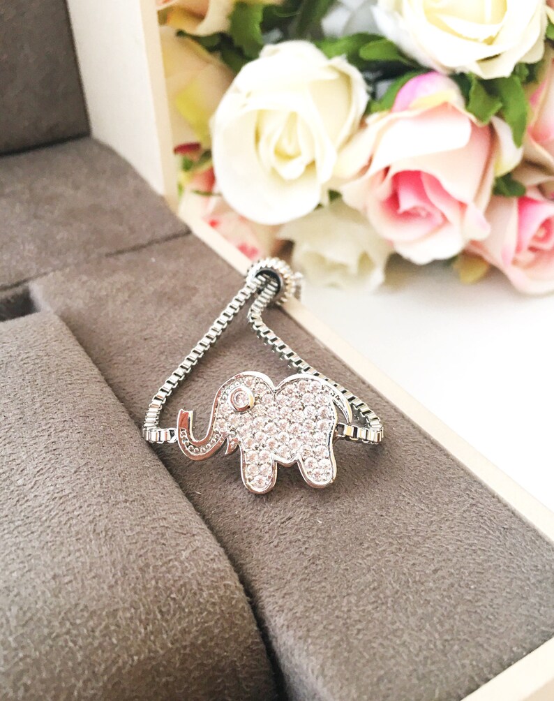 Silver elephant bracelet, elephant charm bracelet, zirconia bracelet, adjustable bracelet, luck bracelet, elephant jewelry, animal charm image 6