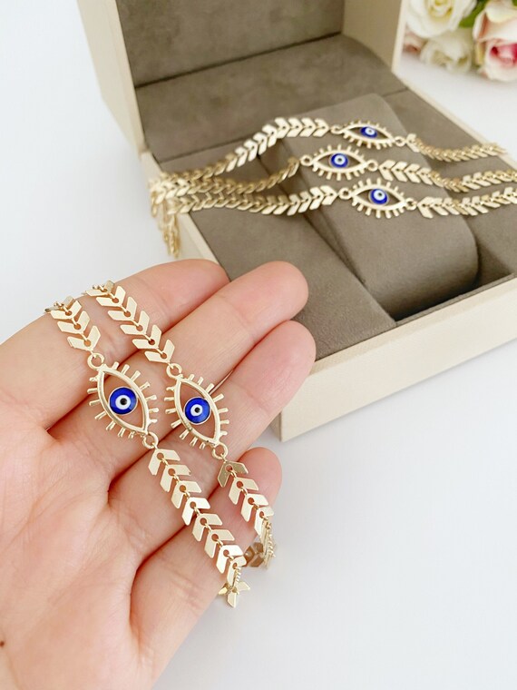 Rose Gold Chain Bracelet, Evil Eye Clover Charm Bracelet, Turkish Jewelry Blue