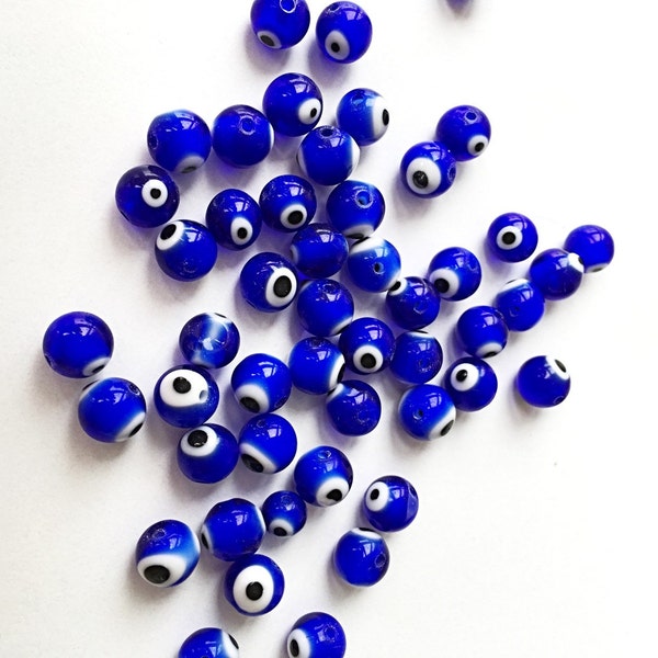 Blue evil eye beads- 8mm 10mm glass beads for bracelets - Turkish lamp work set of 35 to 45 beads - diy jewelry supplies - nazar blue eyes