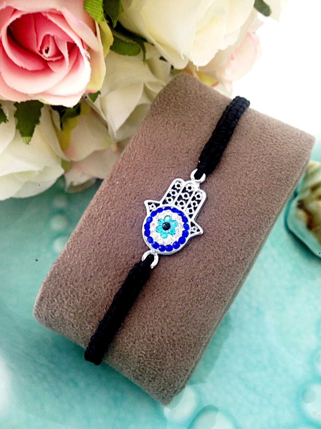 FREE SHIPPING Hamsa Evil Eye Bracelet Evil Eye Jewelry Adjustable Bracelet Charm Bracelet Silver