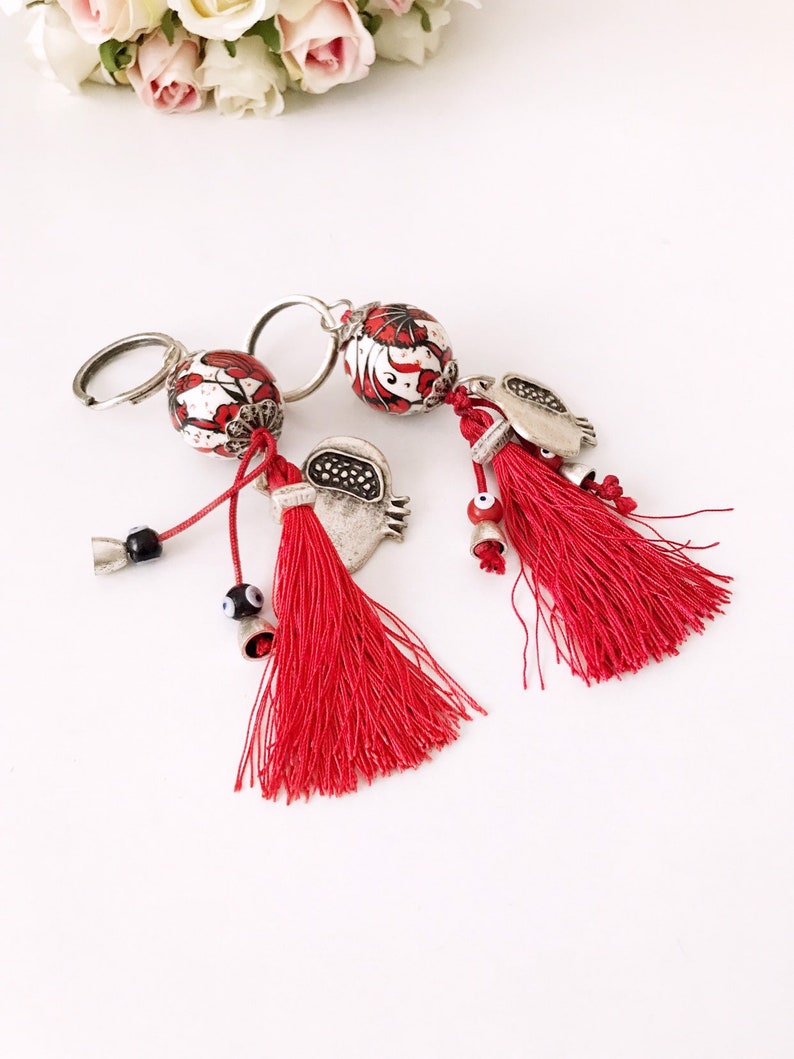 Evil eye keychain, pomegranate keychain, evil eye bag accessories, ceramic evil eye key chaim, red tassel keychain, silver pomegranate charm image 4