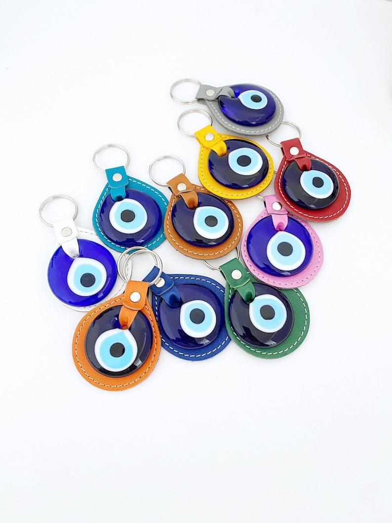 Blue Evil Eye Keychain, Leather Keychain, Evil Eye Keyring, Turkish Evil Eye, Lucky Evil Eye Key Chain, New Home Gidt, Good Luck Charm, Faux image 3