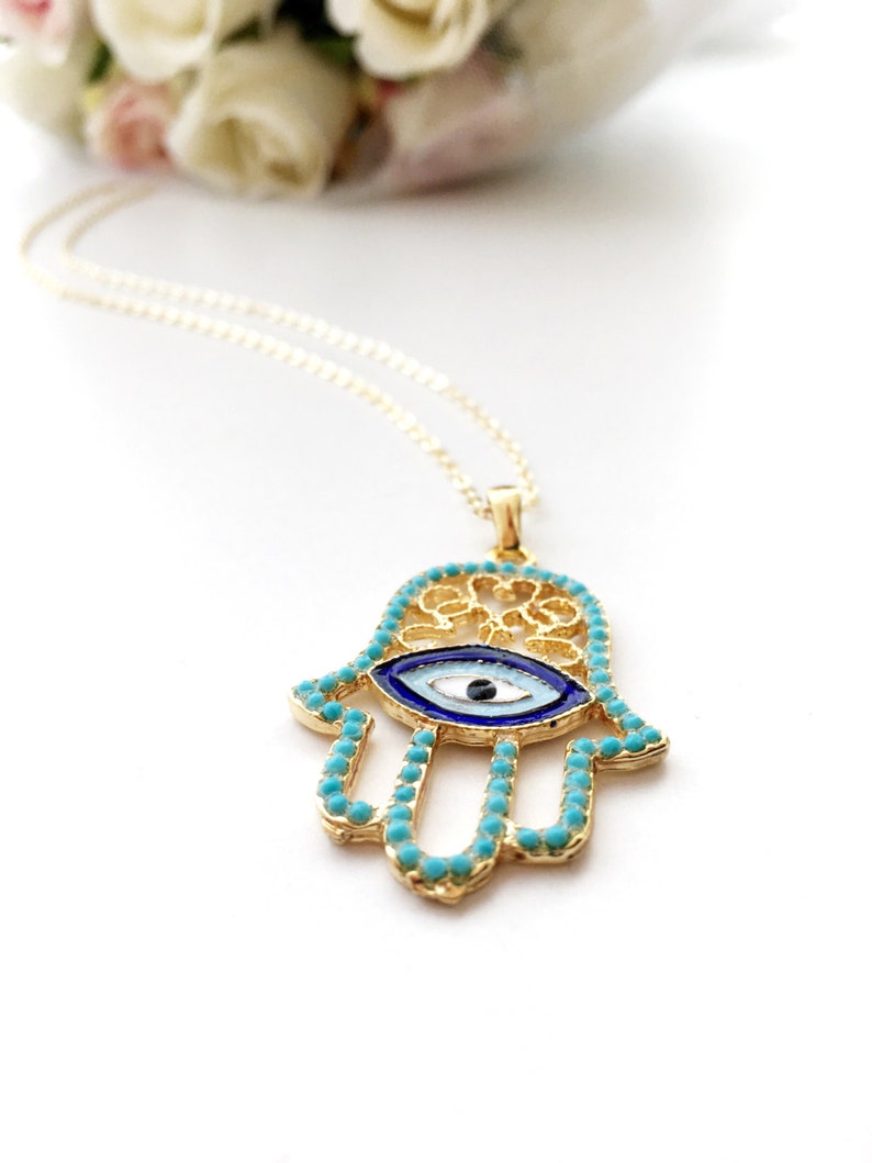 turquoise bead hamsa necklace evil eye necklace evil eye jewelry gold plated necklace hamsa hand necklace Hamsa Evil eye necklace