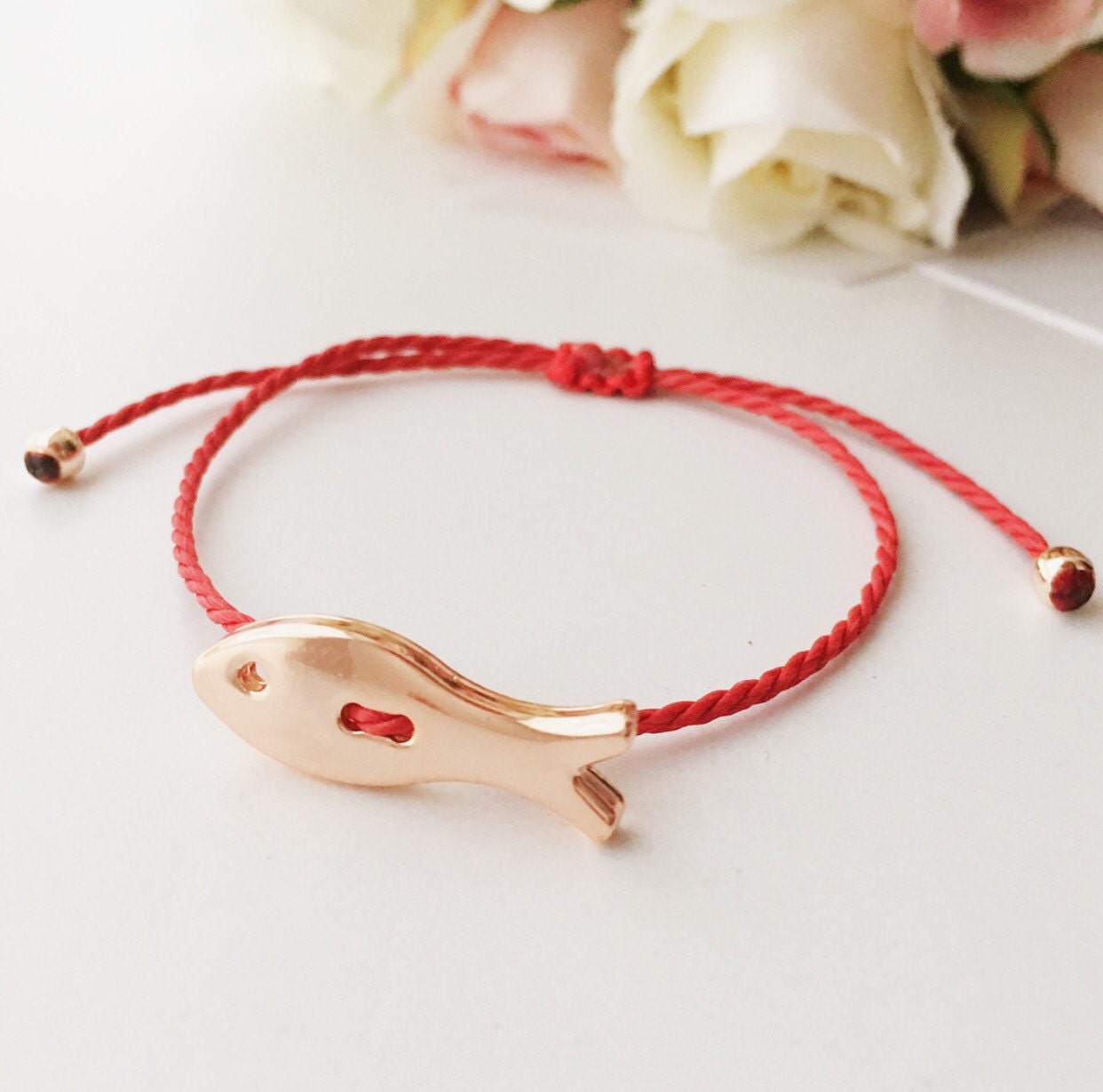 Tiny Fish Bracelet Red String Bracelet Rose Gold Bracelet Etsy