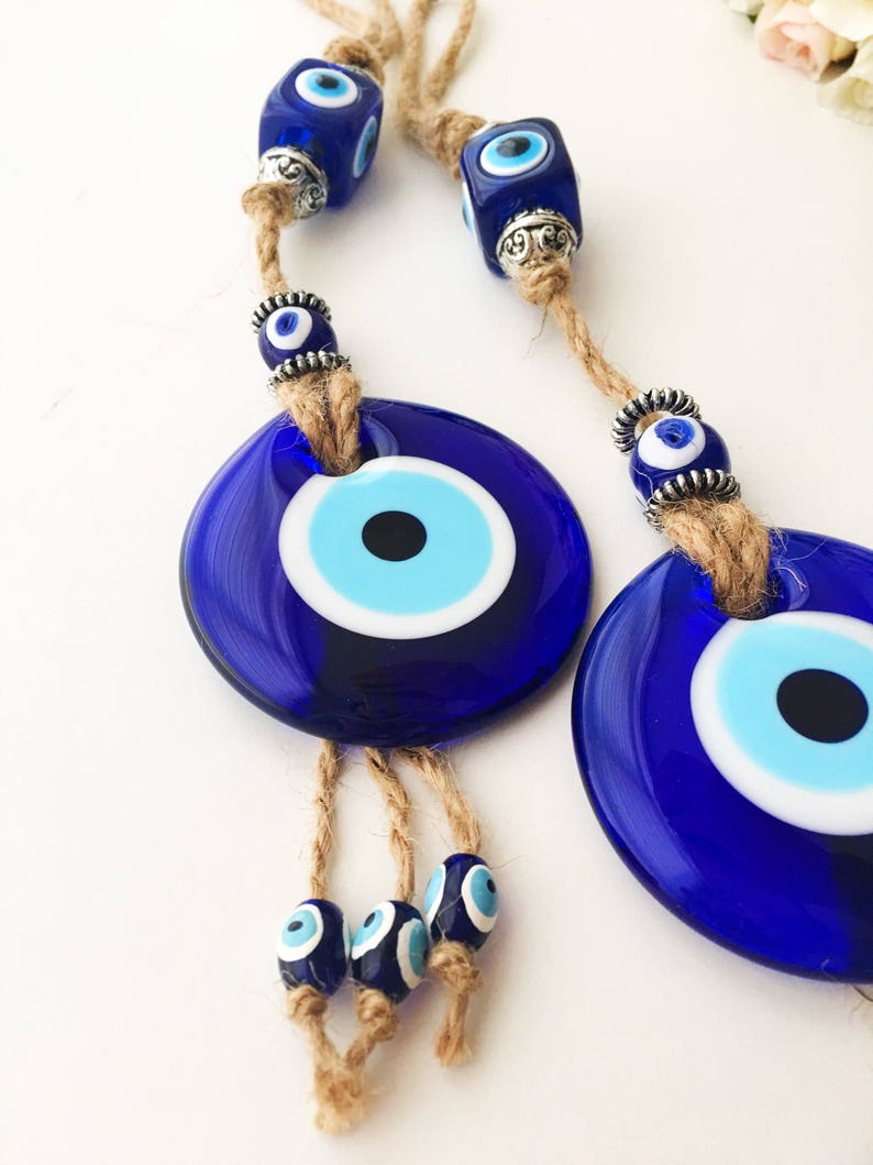 Evil eye home decor, evil eye wall hanging, turkish evil eye bead, blue glass evil eye beads, large evil eye wall hanging, macrame decor image 5