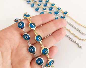 Evil eye bracelet, link chain evil eye bracelet, turquoise evil eye beads, evil eye chain bracelet, transparent turquoise bead, silver gold