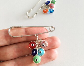 Evil eye beads safety pin, Lucky evil eye safety pin, mixed color stroller pin, baby shower gift, gift for baby, protection for baby