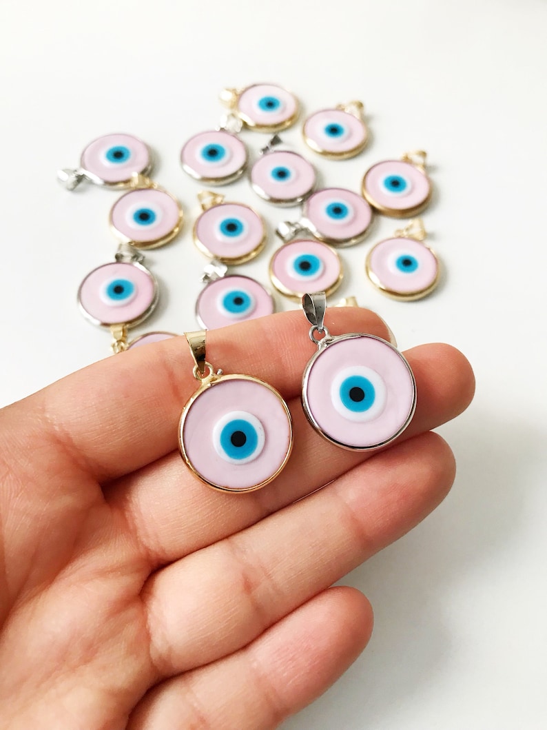 Evil eye bead, pink evil eye bead, murano bead, glass evil eye bead, pink evil eye pendant, gold silver charm, evil eye necklace charm image 2