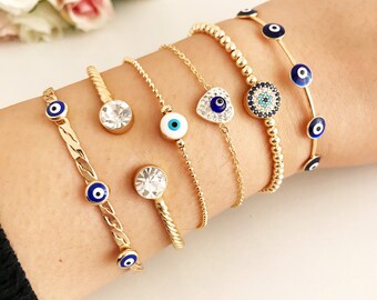 Gold Evil Eye Bracelet, Minimalist Everyday Bracelet, Gold Cuff