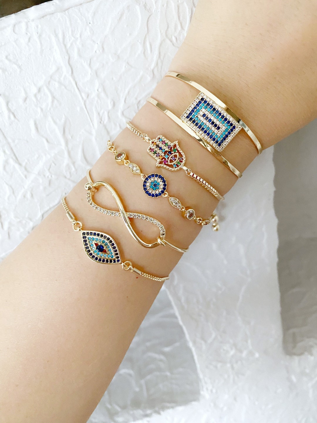 Gold Evil Eye Bracelet, Turkish Evil Eye Jewelry, Cuff Chain Adjustable