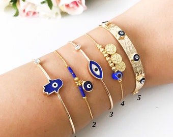 Evil eye bracelet, blue hamsa bracelet,bangle bracelet, blue evil eye bead, evil eye cuff bracelet, greek gold bracelet, evil eye jewelry