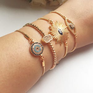 Gold evil eye bracelet, blue evil eye charm bracelet, adjustable bracelet, armparty bracelets, turkish evil eye, tulip charm bracelet image 5