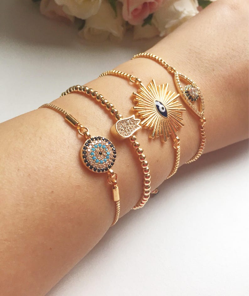 Gold evil eye bracelet, blue evil eye charm bracelet, adjustable bracelet, armparty bracelets, turkish evil eye, tulip charm bracelet image 5