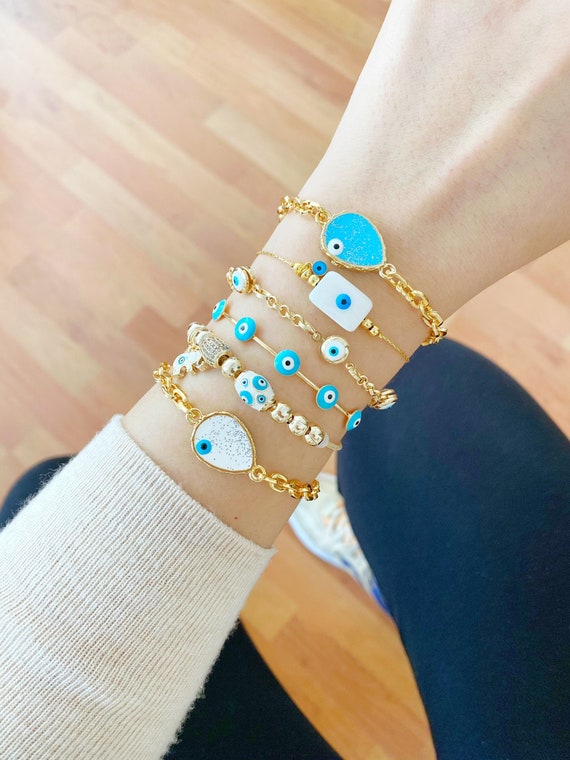 Evil Eye & Heart Multi Charm Textured Bangle Bracelet – US Jewelry House