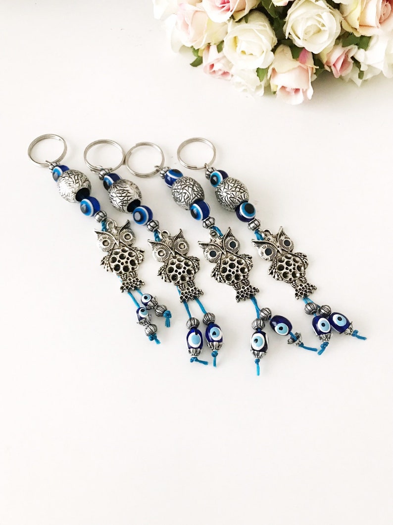 evil eye keychain owl keyring Owl keychain blue evil eye beads keychain evil eye owl keychain evil eye keyring silver owl keychain