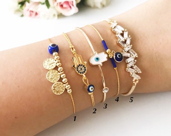 Evil eye bracelet, hamsa bracelet, bangle bracelet, blue evil eye bead, evil eye cuff bracelet, evil eye jewelry, baguette bracelet, greek