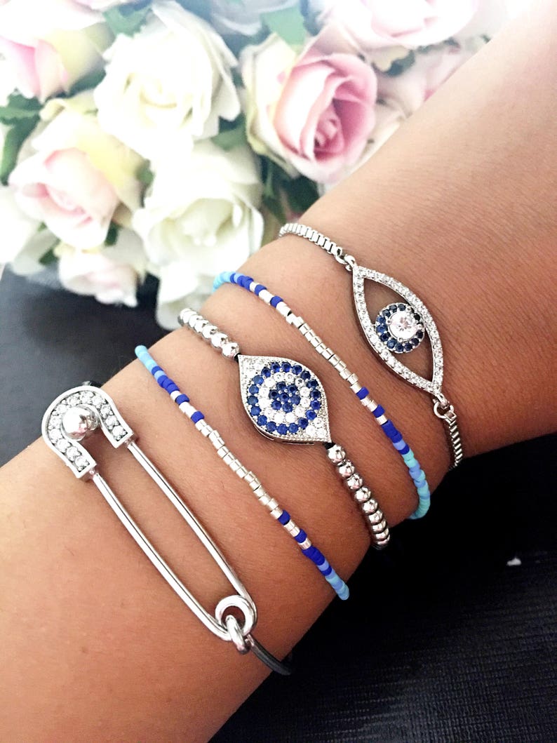 Silver Evil Eye Bracelet Safety Pin Bracelet Zirconia Evil Etsy