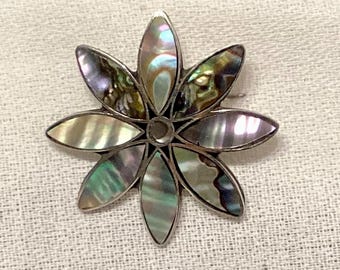 Vintage Mexico Alpaca Silver Mother of Pearl Inlay Daisy Hair Clip Mexican Shell Hair Clip, Mother of Pearl Hair Barrette  main image 2