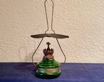 Vintage Green Glass Oil/Kerosene Lamp w/ movable wick. Missing globe. Made in Hong Kong.