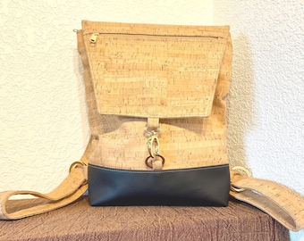 Mochila/cartera de corcho y piel sintética ecológica de NATALIE THERESE, hecha a mano en EE. UU.