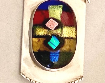 Broche vintage hecho a mano de Barbara Sucherman en plata de ley y cristal dicróico fusionado.