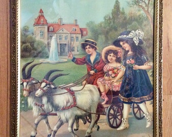 Victorian German Framed Lithograph of Children with a Goat Carriage.