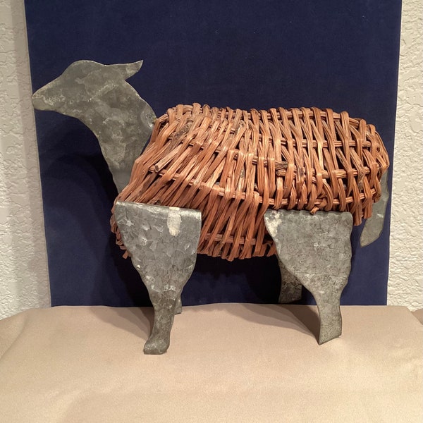 Vintage Folk Art Sheep Sculpture made of Basket and Cut Tin