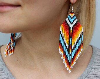 Beaded earrings, earrings with fringe, native beaded earrings, ethnic earrings, long earrings, ethnic style, boho style colorfull earrings