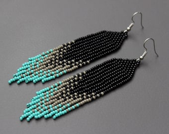 Brincos de franja turquesa com contas para mulheres, joias com contas de semente, brincos boho modernos, brincos longos pendurados, miçangas nativas