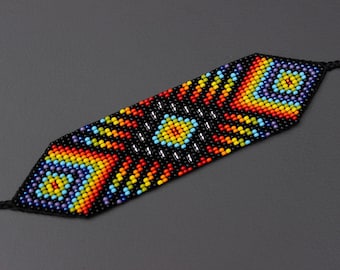 Huichol Beaded Bracelet, Geometric Tribal Cuff, Handmade