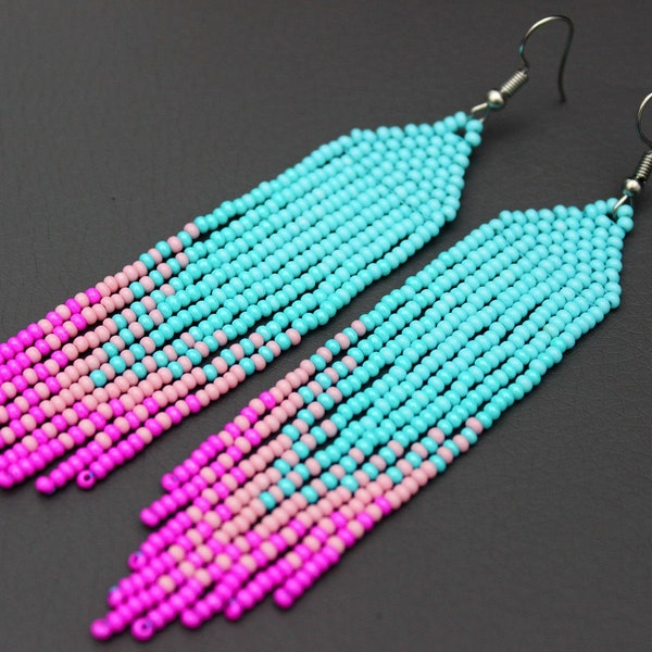 Blue pink beaded earrings Dangle earrings Long beadwork earrings Aztec earrings Bright colorful earrings  Seed bead earrings Fringe earrings