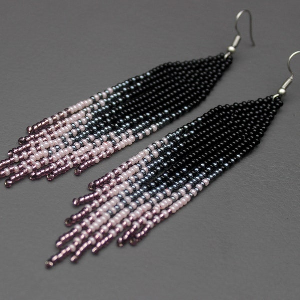 Dusty rose fringe beaded earrings earrings for women Seed bead jewelry Modern boho earrings Long dangle earrings Beadwork native