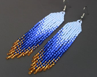 Blue gold seed bead earrings Evening shining earrings Blue fringe beaded earrings Long dangle beadwork earrings Luxury bright earrings