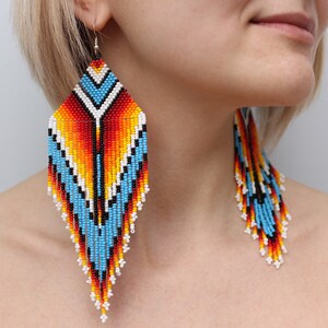 Boho Tribal Earrings, Beaded Earrings, Aztec Earrings, Pyramid Earrings, Large Dangling Earrings, Statement Earrings