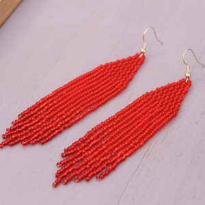 Red fringe beaded earrings earrings for women Seed bead jewelry Modern boho earrings Long dangle earrings Beadwork native