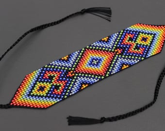 Bransoletka geometryczna Huichol, plemienna bransoletka geometryczna, bransoletka z koralików, bransoletka z koralików rodzimych, bransoletka z koralików nasiennych, autentyczna