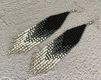 Black and white fringe beaded earrings earrings for women Seed bead jewelry Modern boho earrings Long dangle earrings Beadwork native