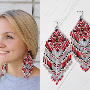 Beaded Earrings, Geometric Aztec Earrings, Tribal Earrings, Large Dangling Earrings image 1