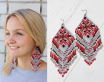Geometric Beaded Dangle Earrings, Aztec Tribal Style