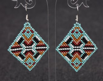Beaded Aztec Earrings, Geometric Dangle Earrings