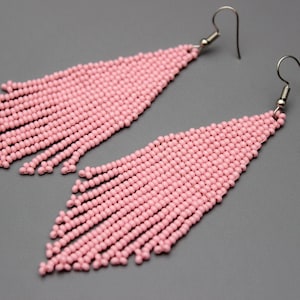 Pink beaded earrings Rose evening earrings Rose shining earrings Long earrings Ethnic earrings Seed bead earrings Chandelier earrings Fringe
