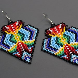 Beaded Earrings, geometrische Azteekse oorbellen, Tribal oorbellen, grote bungelende oorbellen