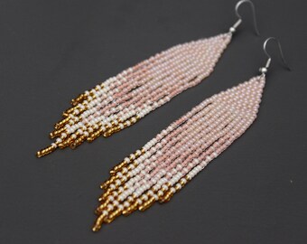 Dust pink fringe beaded earrings earrings for women Seed bead jewelry Modern boho earrings Long dangle earrings Beadwork native