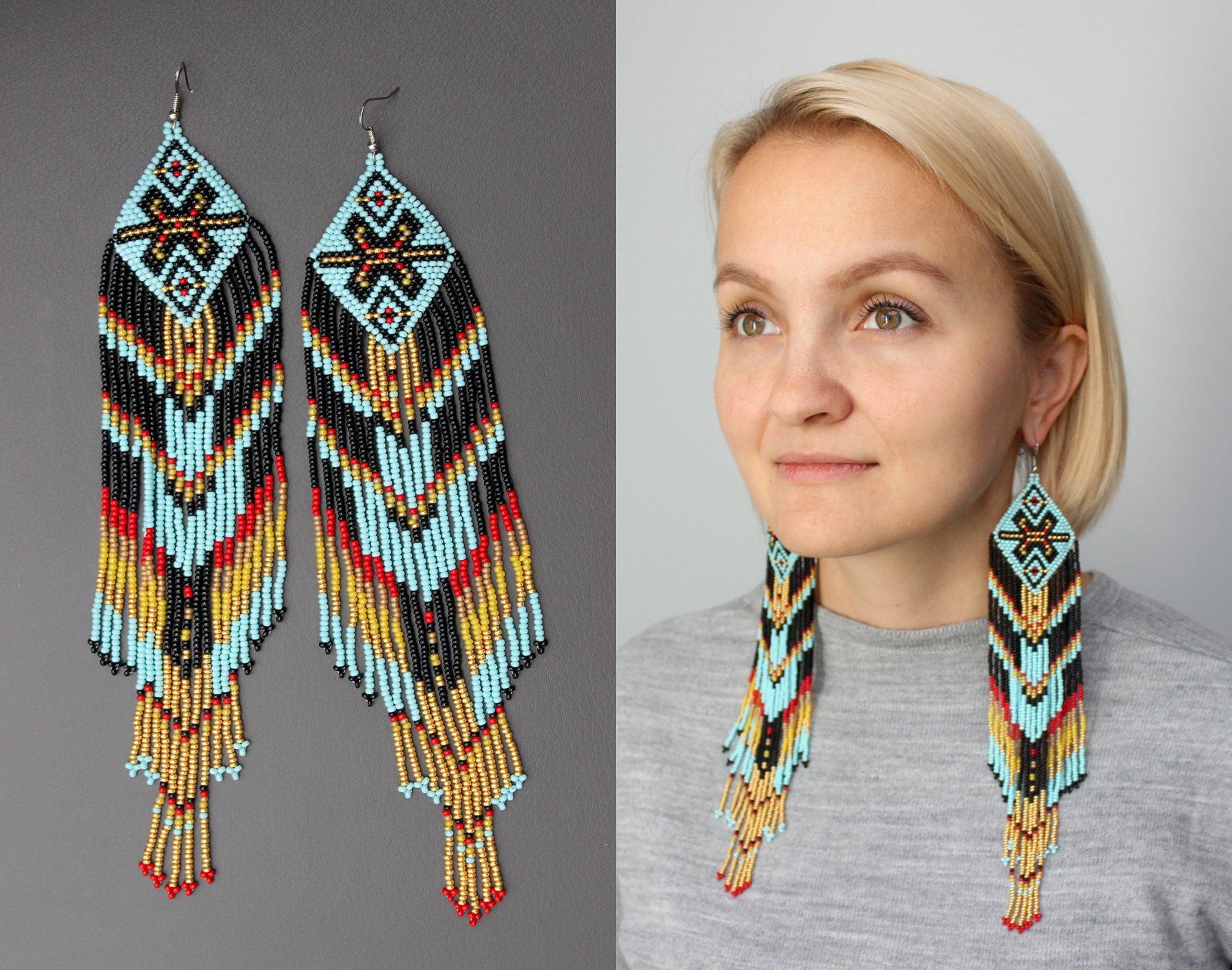 Boho Tribal Earrings Beaded Earrings Aztec Earrings Pyramid Etsy