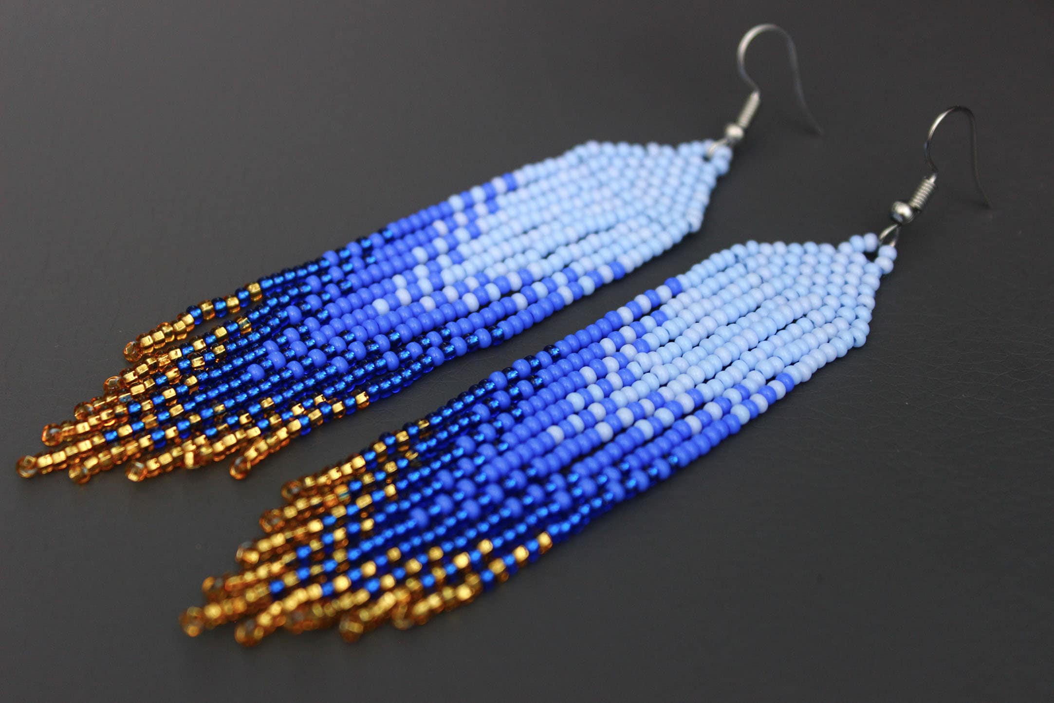 Blue gold seed bead earrings Evening shining earrings Blue Etsy