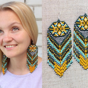 Boho Tribal Oorbellen, Kralen Oorbellen, Azteekse Oorbellen, Piramide Oorbellen, Grote Bungelende Oorbellen, Statement Oorbellen